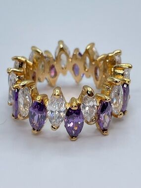 Swarovski Elements Amethyst Purple White Crystals Eternity Band Gold Ring Sz 7